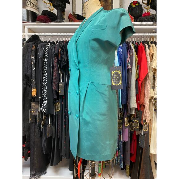 vintage 1980s Ted Lapidus emerald green faille double breasted dress med 80s 31 - Picture 8 of 12